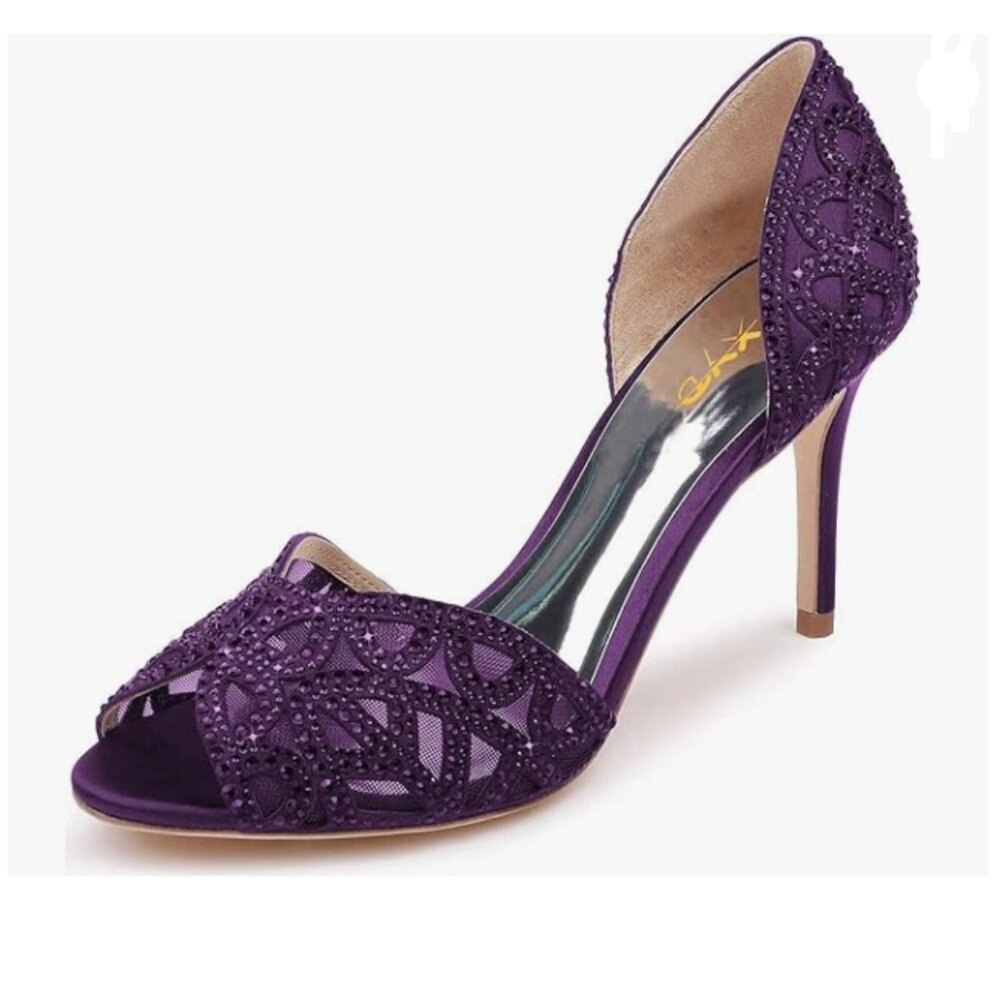 XYD Purple Peep Toe Rhinestone D'Orsay High Heel Slip On Wedding Dress Pumps